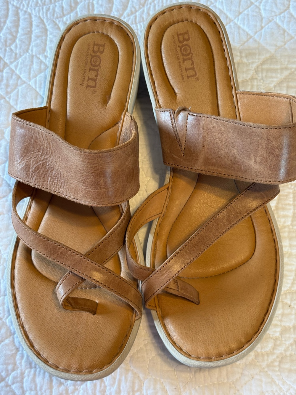 Born Tan Leather Strappy Wedge/Slide Sandals W/Toe Loop Women's 10M-EUC